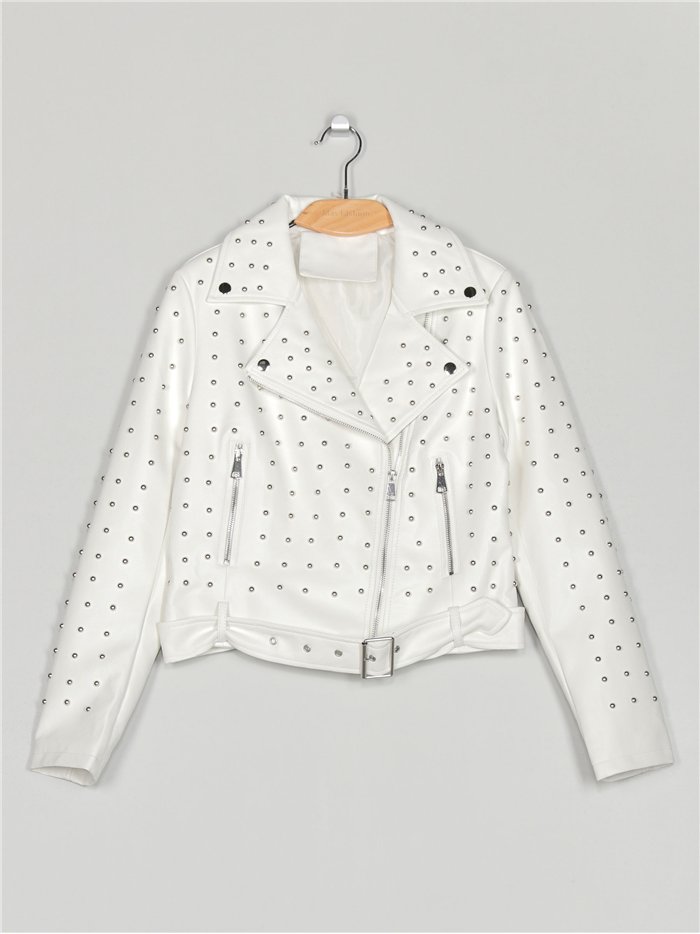 Faux leather studded biker jacket white (S-XL)