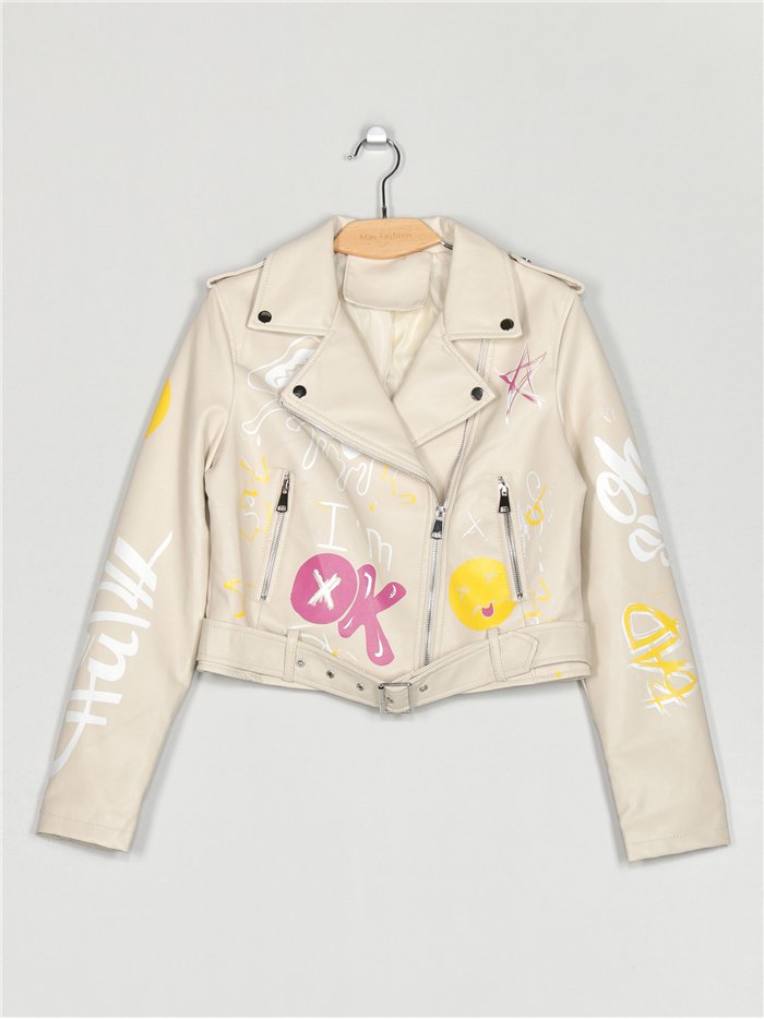 Faux leather slogan biker jacket beige (S-XL)