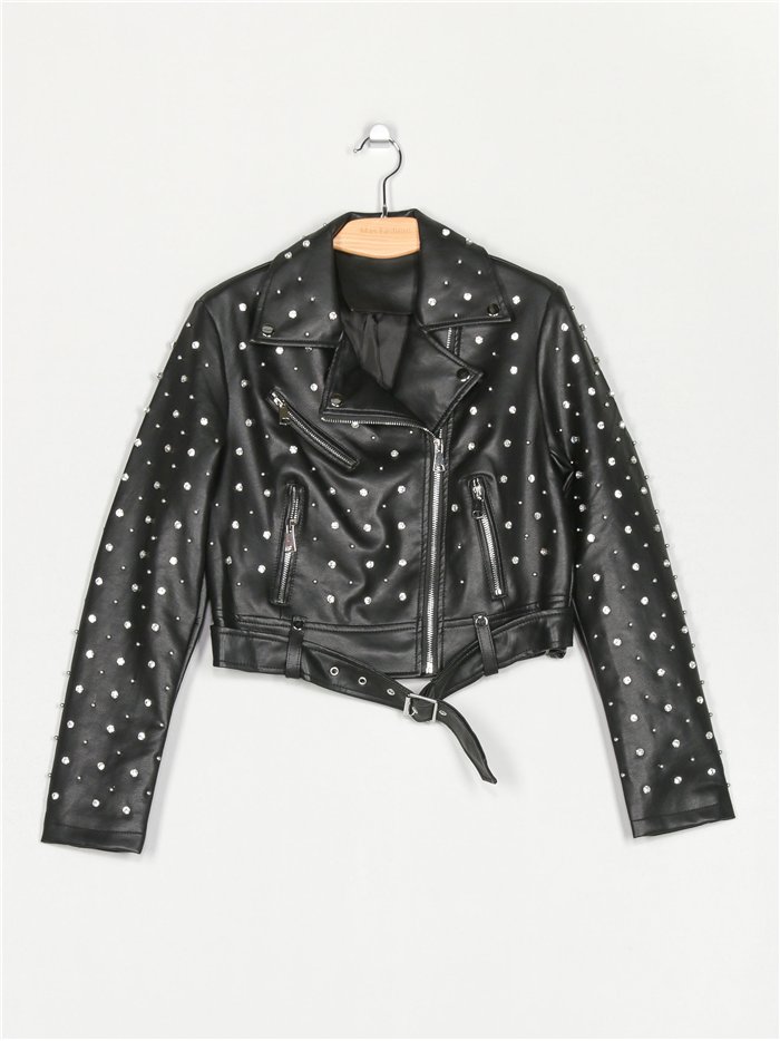 Faux leather biker jacket with rhinestone black (S-XL)