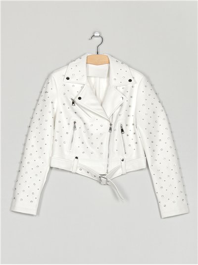 Faux leather biker jacket with rhinestone white (S-XL)