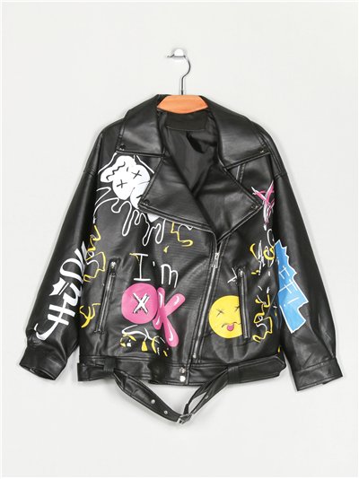 Oversized faux leather slogan biker jacket black (S/M-M/L)