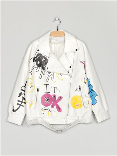 Oversized faux leather slogan biker jacket white (S/M-M/L)