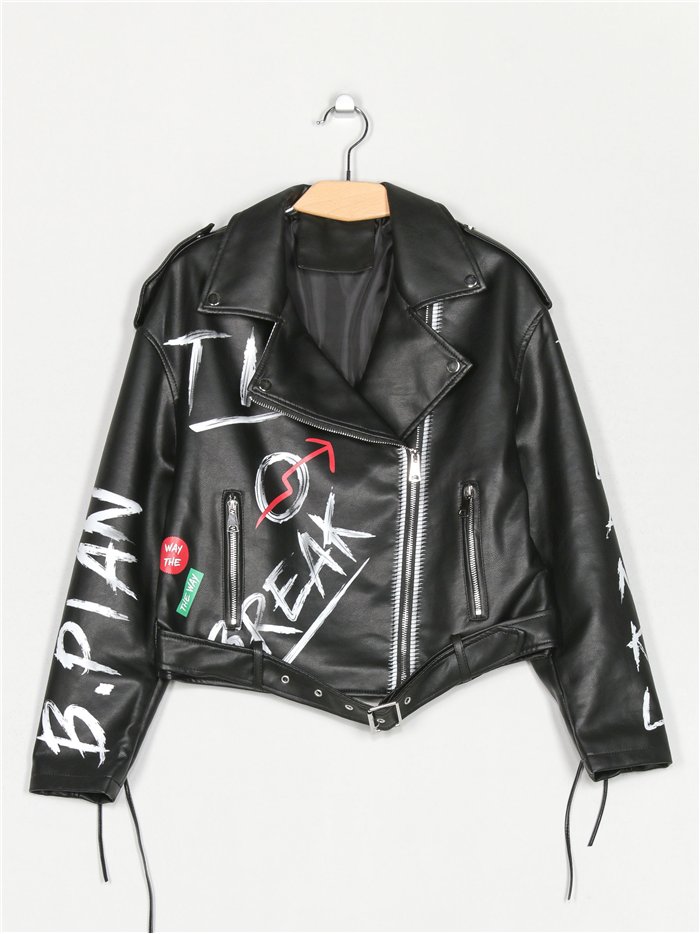 Faux leather slogan biker jacket black (S-M-L)