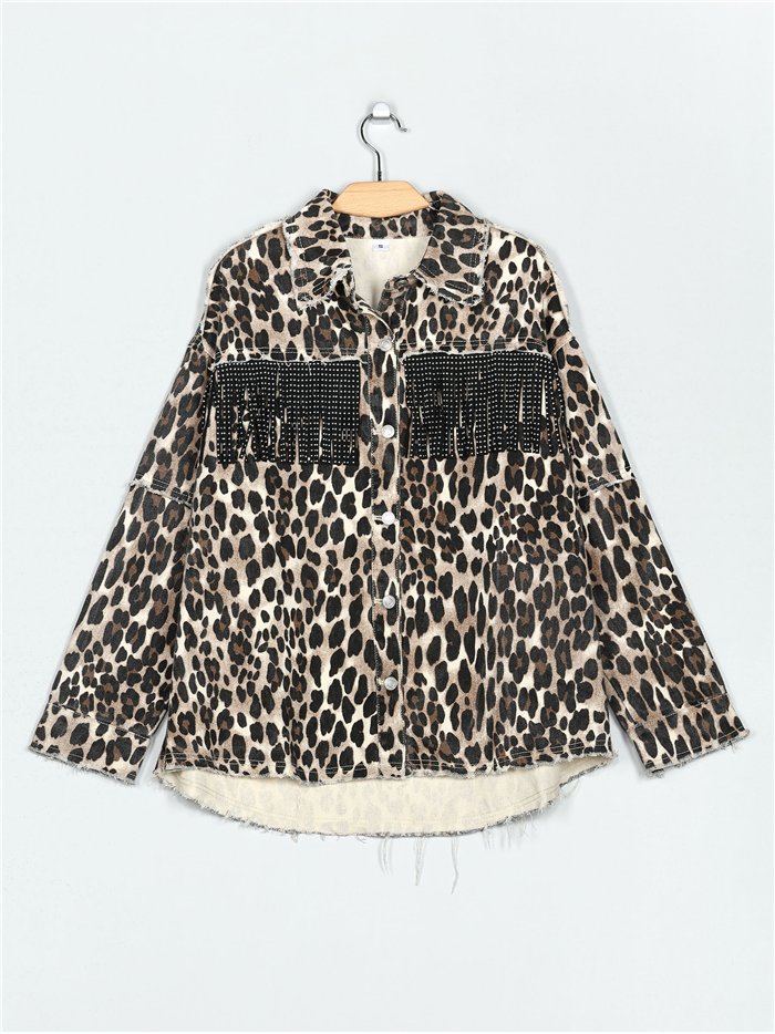 Leopard print denim overshirt with fringing camel (S-M-L)