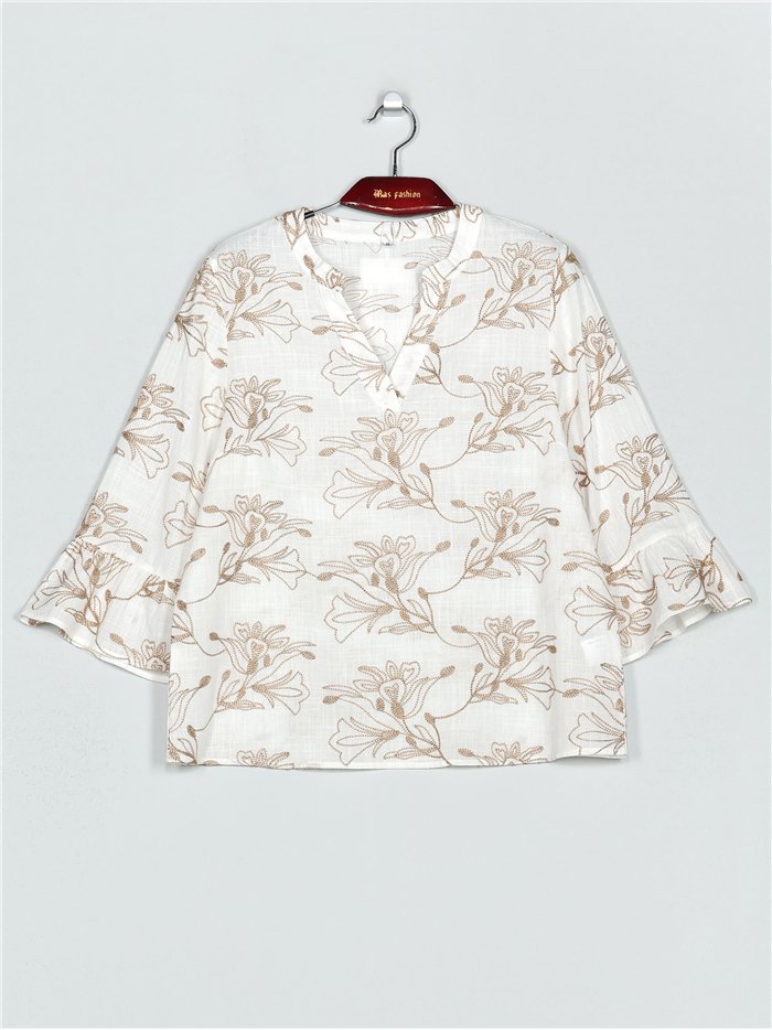 Embroidered blouse with ruffle trims blanco (M-L-XL-2XL)