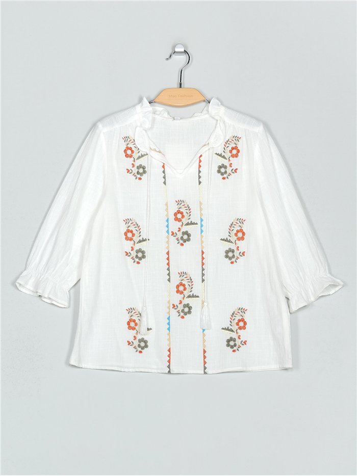 Embroidered linen effect blouse blanco (M-L-XL-2XL)