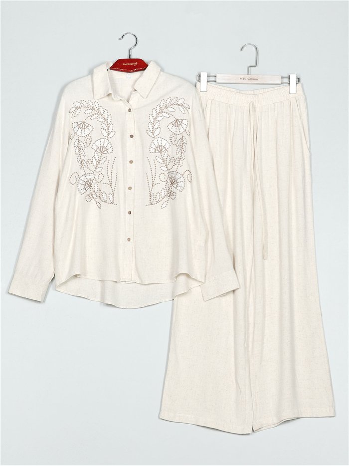 Co-Ord embroidered linen effect shirt + trousers lino (M-L-XL-XXL)