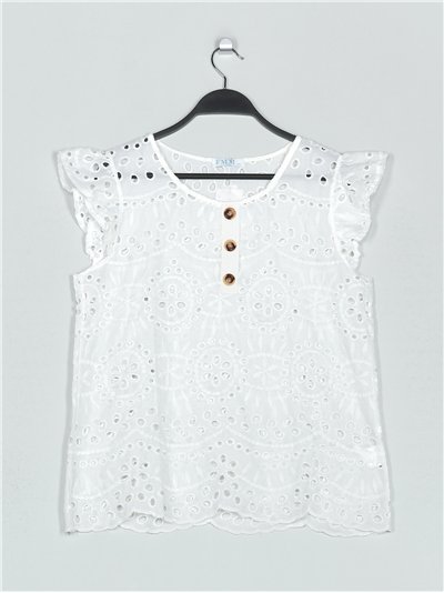 Die-cut embroidered blouse with ruffle trims blanco (M/L-XL/XXL)