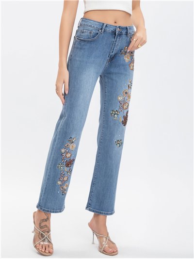 Jeans bordado flores azul (36-46)