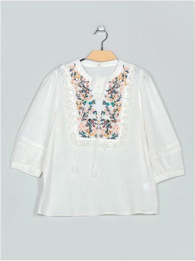 Blusa bordada florecitas efecto lino blanco (M-L-XL-2XL)