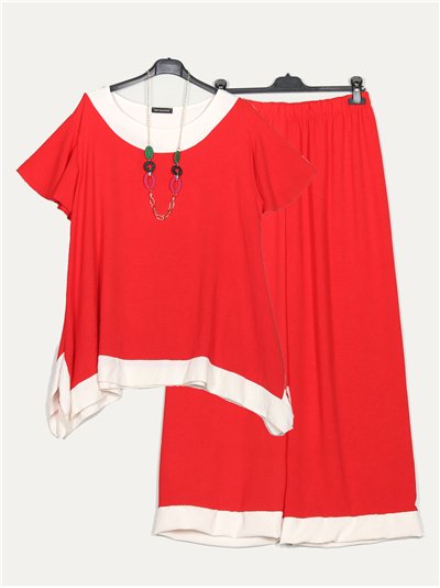 Conjunto Blusa contraste talle grande + Pantalón palazzo rojo